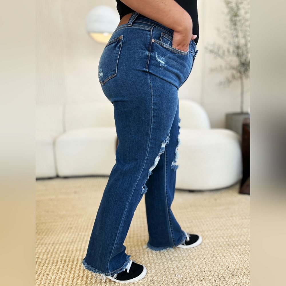 Mid-Rise Distressed Torn Mom Jeans Straight Leg Raw Hem Denim Pants Judy Blue - Picture 3 of 16